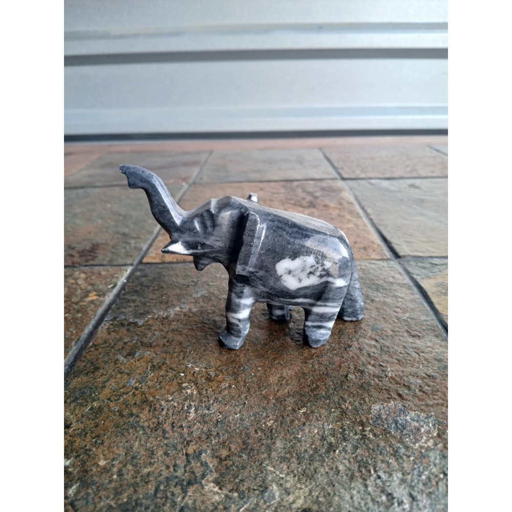 Vintage Hand Carved Stone Elephant Figurine Trunk Up Lucky 4"